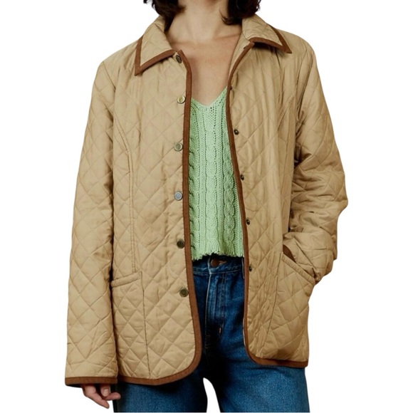 Joan Rivers Barn Jacket Womens Large Khaki Tan Quilted Brown Trim Corduroy QVC - Picture 1 of 16